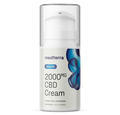 A bottle of Medterra WM: Isolate 2,000mg Cream with a white pump, blue and purple abstract design, labeled “Isolate,” “Alcohol-Free,” and “Moisturizing”—ideal for soothing comfort in your wellness routine.