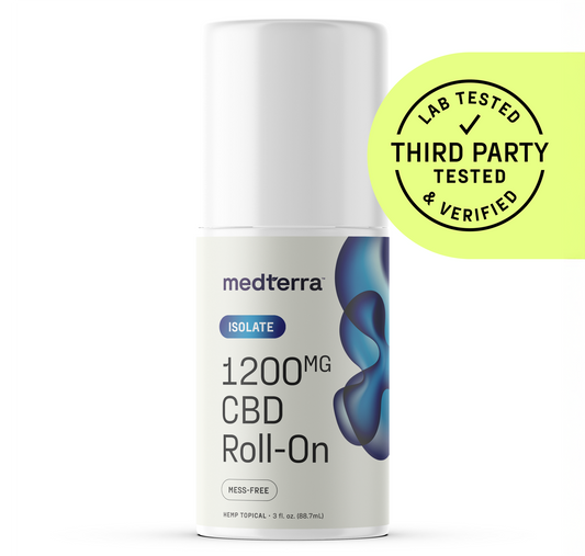 A white Medterra WM: Isolate 1,200mg Roll-On bottle, featuring a blue abstract design and “Isolate” label. Infused with menthol. A yellow circle says “Lab Tested Third Party Tested & Verified.”.