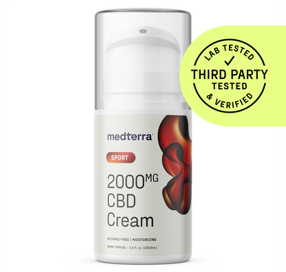 A bottle of Medterra WM: Sport 2,000mg Cream with a clear cap and yellow badge reading "Lab Tested, Third Party Tested & Verified." The alcohol-free, moisturizing formula with menthol is ideal for post-workout relief.