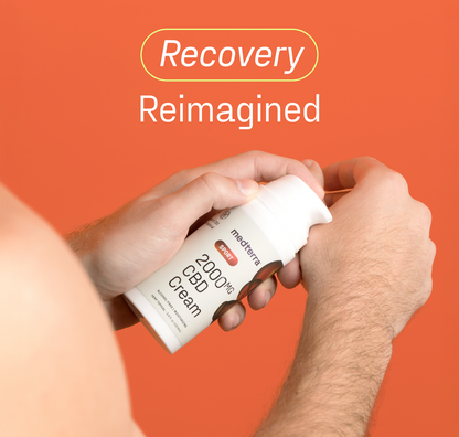 A person applies Medterra WM: Sport 2,000mg Cream to their hand against an orange background, with “Recovery Reimagined” above—ideal for soothing muscles after a workout.