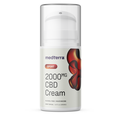 A bottle of Medterra WM: Sport 2,000mg Cream with a white pump top and white label with abstract red and black designs. This alcohol-free, moisturizing cream features cooling menthol, making it ideal for post-workout recovery.