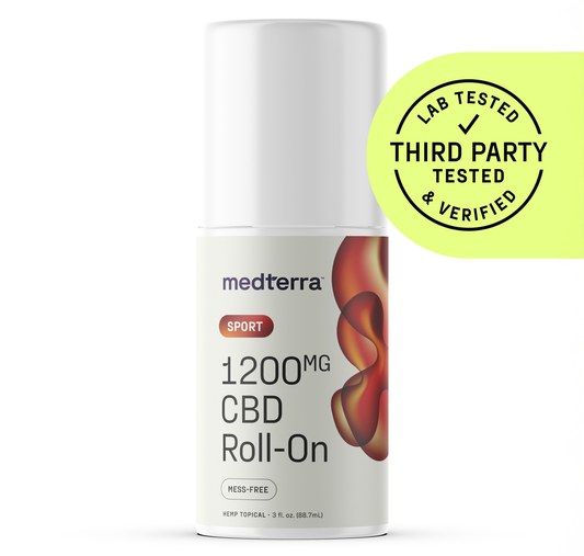 A bottle of WM: Sport 1,200mg Roll-On by Medterra, a mess-free hemp topical with menthol (3 fl oz/88.7 mL), ideal for post-workout recovery. Features a yellow "Lab Tested, Third Party Tested & Verified" badge on the label.