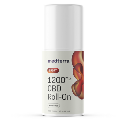 A white cylindrical bottle labeled "Medterra WM: Sport 1,200mg Roll-On" with a white cap and orange design. Contains menthol and a mess-free hemp formula for post-workout relief. Size: 3 fl oz (88.7ml).