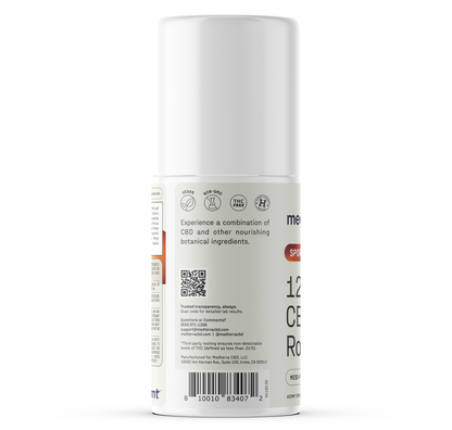 A white cylindrical bottle with a label showing icons, a QR code, barcode, and product info. The text highlights Medterra WM: Sport 1,200mg Roll-On with menthol, botanical ingredients, and transparency. Most branding is partially visible.