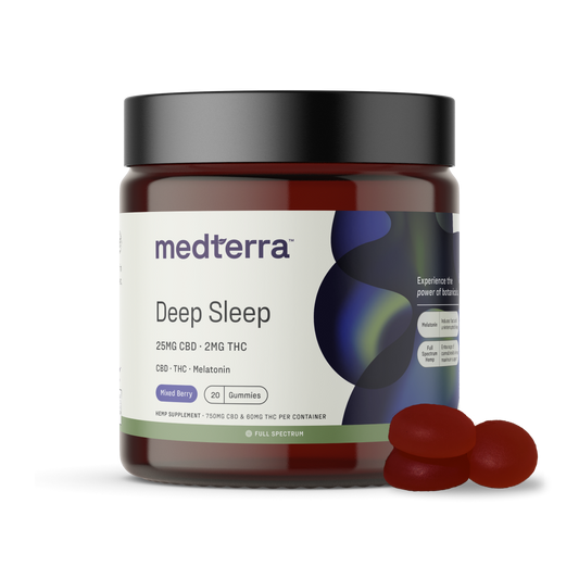 A jar labeled "Deep Sleep CBD Gummies" by Medterra, containing 20 mixed berry gummies, is shown. The product includes 25mg of CBD and melatonin, 2mg THC, and Full Spectrum Hemp Extract. The dark-colored jar with a black lid features abstract green and blue designs. Three gummies are placed beside it.