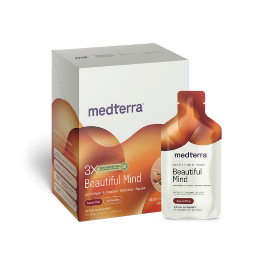 A box and a single pouch of Medterra's Beautiful Mind dietary supplement are shown. The box showcases an orange and white gradient design, prominently displaying the product name and key ingredients such as Lion's Mane, L-Theanine, and Gotu Kola Extract. The single pouch mirrors this design.