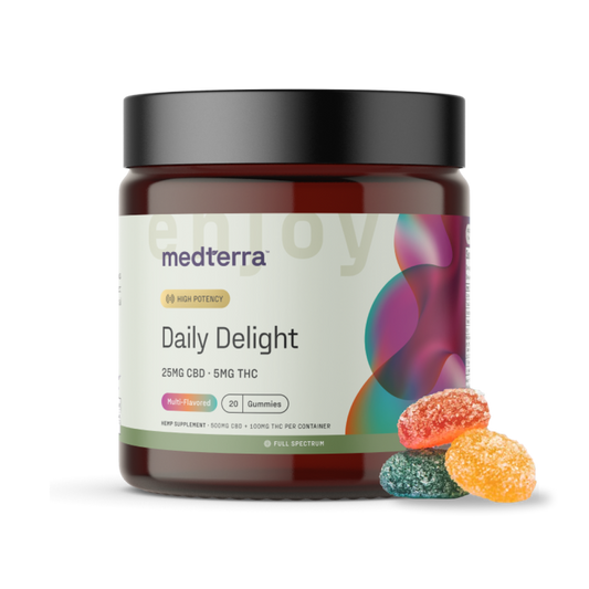 A jar of Medterra Daily Delight Gummies showcasing a label that declares "High Potency, Multi-Flavored" and containing 25MG CBD along with 5MG THC. The jar is topped with a black lid and adorned with vibrant designs. Beside the jar are four multicolored THC gummies in shades of green, red, orange, and yellow.