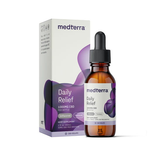 A brown glass dropper bottle labeled "Medterra Daily Relief CBD Isolate Oil" is positioned in front of its matching white box. Both the bottle and box feature purple abstract designs and text detailing the product as an unflavored hemp supplement tincture with Organic MCT Oil.