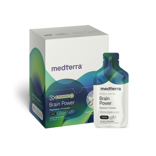 A product package labeled "Brain Power" from Medterra is positioned next to a bottle with the same labeling. The box highlights features like "3X More Absorption" using liposomal technology and contains 30 servings. The bottle, in a vanilla flavor, promotes brain function and health with Magnesium L-Threonate.