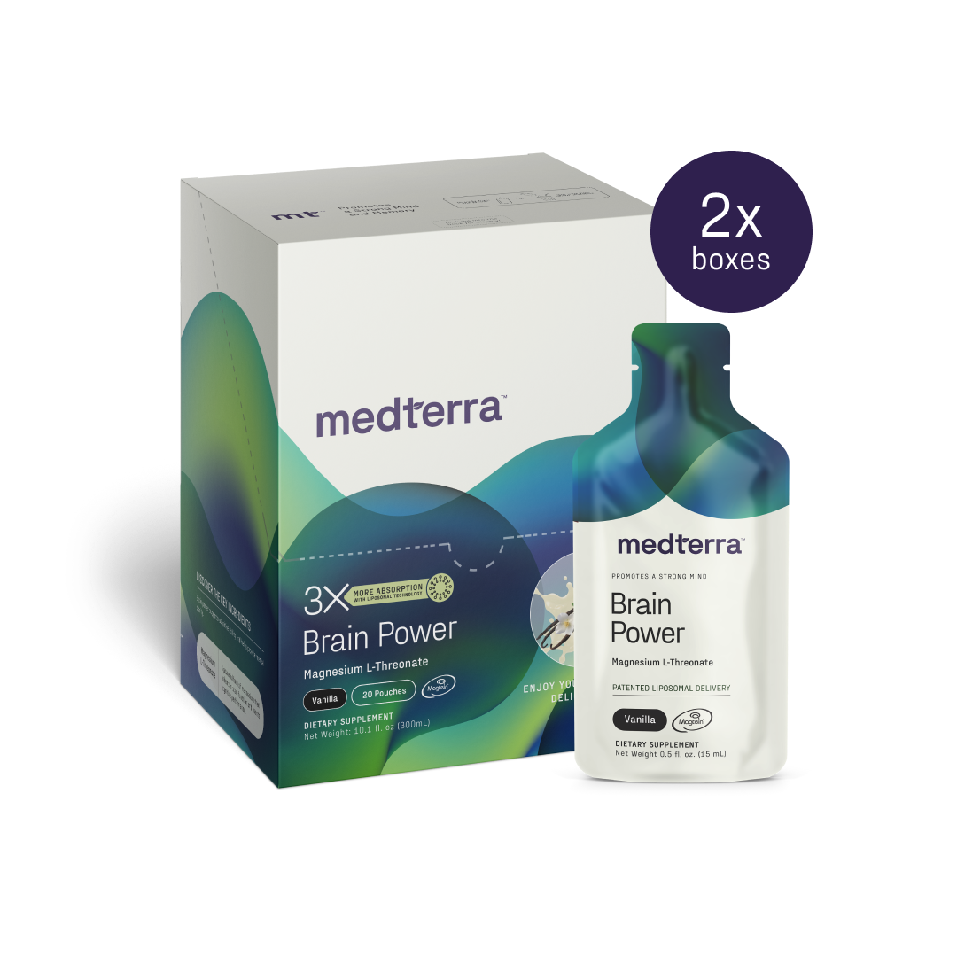 A box and bottle of Medterra's Brain Power dietary supplement, containing Magnesium L-Threonate, Cognizin, and Phosphatidylserine to support brain function. The mostly white packaging with green and blue accents features a label that indicates it includes two boxes.