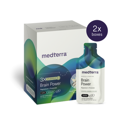 A box and bottle of Medterra's Brain Power dietary supplement, containing Magnesium L-Threonate, Cognizin, and Phosphatidylserine to support brain function. The mostly white packaging with green and blue accents features a label that indicates it includes two boxes.