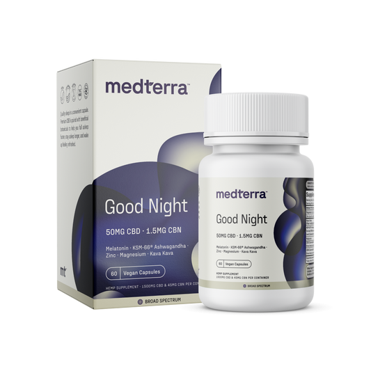 A white bottle labeled "Medterra Good Night Capsules" stands next to its matching box. The label indicates it contains 50mg CBD, 1.5mg CBN, melatonin and magnesium, ashwagandha, zinc, and kava kava. This natural sleep solution claims to have 60 vegan capsules and is broad spectrum.