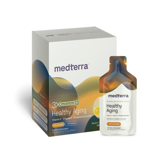 This image showcases Medterra's Healthy Aging dietary supplement. The packaging prominently features key ingredients such as Vitamin D, Vitamin E, Phosphatidylcholine, and liposomal technology. The box is adorned with a lemon slice and wave design, indicating the "Citrus Vanilla" flavor.