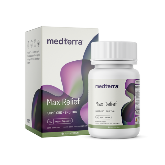 A box and a bottle of Medterra's Max Relief Full Spectrum Capsules are shown. The bottle label indicates it contains 60 capsules, each with 50mg CBD and 2mg THC. The box features a purple and green gradient design on a white background with text that highlights the benefits of the Entourage Effect.