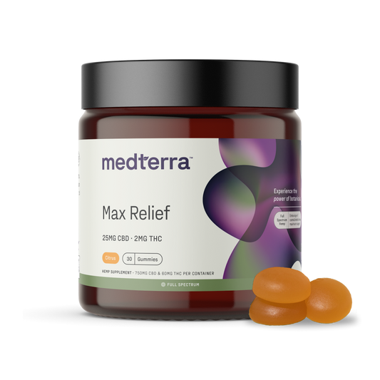 A jar labeled "Max Relief Full Spectrum CBD Gummies" from Medterra, containing 30 citrus-flavored gummies. Each gummy features 25mg of CBD and 2mg of THC, leveraging the entourage effect. The dark jar is adorned with a white label showcasing green and purple abstract designs, with three orange gummies displayed in front for a tempting preview.