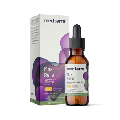 A box and dropper bottle of Medterra Max Relief Full Spectrum CBD Oil, crafted from organically grown hemp, are displayed. The box specifies that each bottle contains 1500mg of True Full Spectrum CBD and 60mg of THC, with a citrus flavor. The brown bottle has a labeled dropper top, and the packaging design showcases a purple and white color scheme.