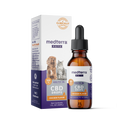 A brown glass dropper bottle labeled "Medterra Pet CBD Drops, Chicken Flavor" is placed in front of its box. The box, featuring images of a dog and a cat, highlights "300mg CBD" and "Clinically Tested." It boasts natural beef and chicken flavorings with organic ingredients. Net contents: 1 fluid ounce (30 mL).