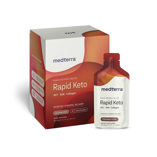 A box and a bottle of Medterra's Rapid Keto supplement are packaged in a white box accented with red and orange. The packaging highlights benefits like "Reach Ketosis Faster" along with key ingredients such as MCT, DHA, and collagen to enhance energy and metabolism. It comes in the Chocolate Crème flavor, delivered in convenient liquid pouches.