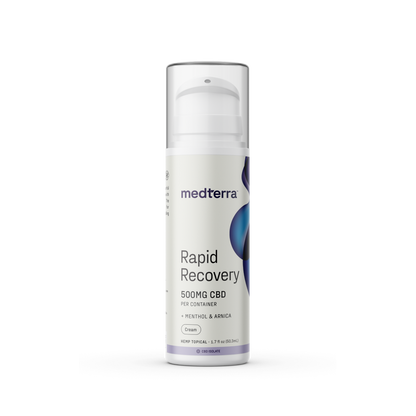 A white cylindrical bottle of Medterra's Rapid Recovery CBD Cream. The front label indicates it contains 500mg of CBD per container and mentions ingredients like menthol and arnica for joint and muscle support. The label background is white with blue and purple design elements, highlighting its THC-free formula.