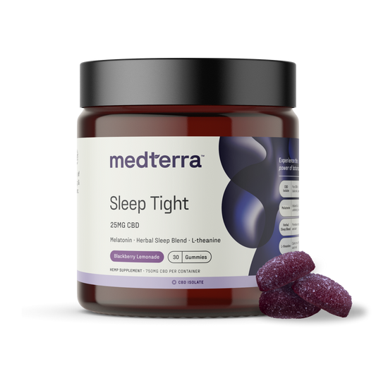 A dark amber jar labeled "Medterra Sleep Tight Gummies" features a premium blend of CBD, melatonin, a herbal sleep blend, and L-theanine for optimal sleep support. It contains 30 blackberry lemonade-flavored gummies. The jar has a black lid and is pictured with two purple gummies beside it.