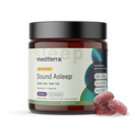 A jar of Medterra Sound Asleep CBD Gummies, labeled as high potency with 50mg CBD and 5mg THC per serving. The blackberry-flavored melatonin supplement contains L-theanine. Three THC gummies are placed beside the jar. The label also highlights "Full Spectrum" and "20 gummies.