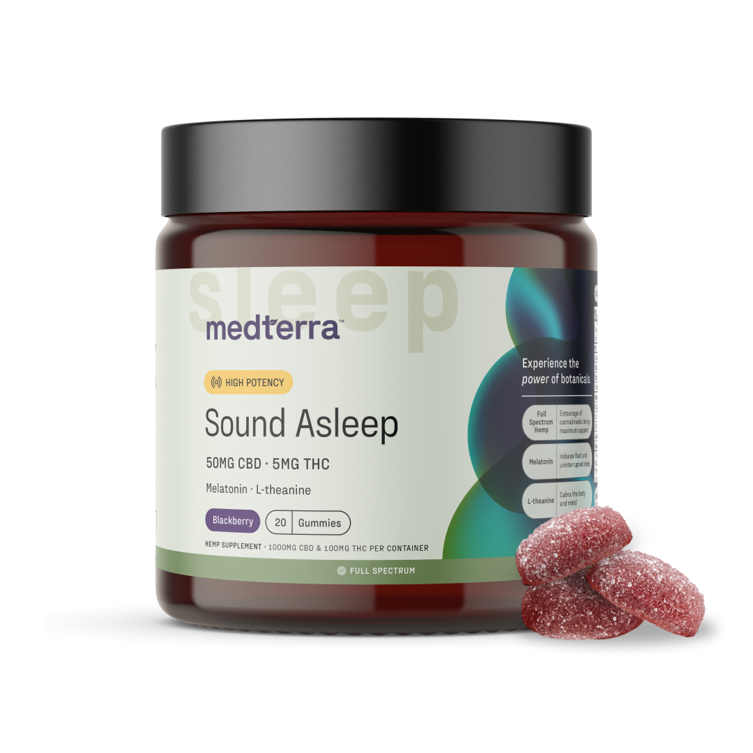 A jar of Medterra Sound Asleep CBD Gummies, labeled as high potency with 50mg CBD and 5mg THC per serving. The blackberry-flavored melatonin supplement contains L-theanine. Three THC gummies are placed beside the jar. The label also highlights "Full Spectrum" and "20 gummies.