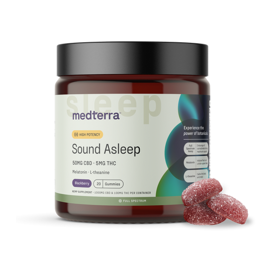 A jar of Medterra Sound Asleep CBD Gummies, labeled as high potency with 50mg CBD and 5mg THC per serving. The blackberry-flavored melatonin supplement contains L-theanine. Three THC gummies are placed beside the jar. The label also highlights "Full Spectrum" and "20 gummies.