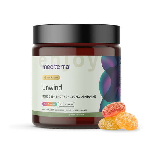 A jar labeled "Medterra Unwind Gummies" contains 20 L-Theanine-infused gummies, each featuring a high potency with 50mg CBD, 5mg THC, and 100mg L-Theanine per serving. Next to the jar are three sugar-coated gummies.