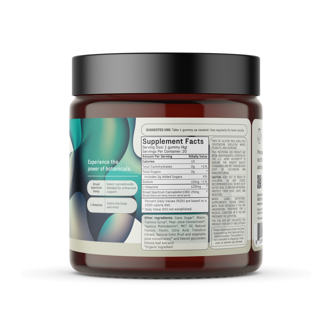 A brown jar with a black lid contains Medterra's Calm CBD Gummies, dietary supplements for stress reduction. The label features dosage instructions, a section with Supplement Facts, and other information. Designed with green abstract shapes, this product may include L-theanine for added benefits.