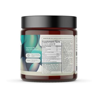 A brown jar with a black lid contains Medterra's Calm CBD Gummies, dietary supplements for stress reduction. The label features dosage instructions, a section with Supplement Facts, and other information. Designed with green abstract shapes, this product may include L-theanine for added benefits.