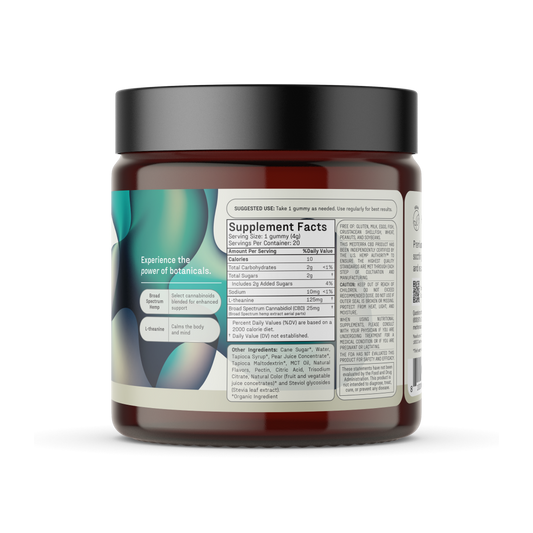 Front view of Calm CBD gummies jar showing label Calm 25 mg CBD+ with strawberry lemonade flavor and three red gummies on a white background
