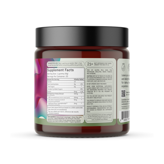 A jar of Medterra Daily Delight Gummies showcasing a label that declares "High Potency, Multi-Flavored" and containing 25MG CBD along with 5MG THC. The jar is topped with a black lid and adorned with vibrant designs. Beside the jar are four multicolored THC gummies in shades of green, red, orange, and yellow.