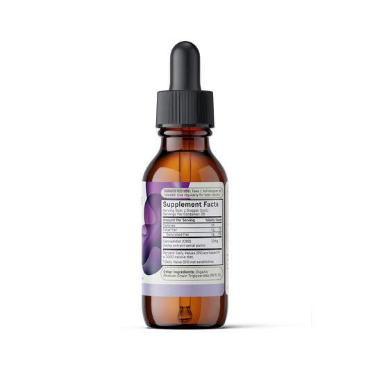 A brown glass dropper bottle labeled "Medterra Daily Relief CBD Isolate Oil" is positioned in front of its matching white box. Both the bottle and box feature purple abstract designs and text detailing the product as an unflavored hemp supplement tincture with Organic MCT Oil.