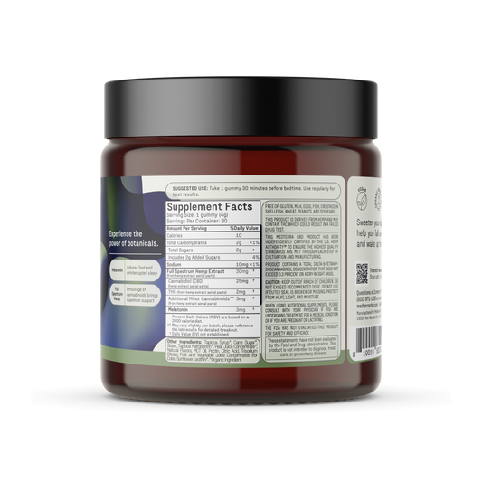 A jar labeled "Medterra Deep Sleep Gummies," containing 30 gummies with 25mg CBD and 2mg THC each, alongside melatonin, rests on a reflective surface with two red gummies beside it. The mixed berry flavor and dark gradient design emphasize the full spectrum hemp extract within.