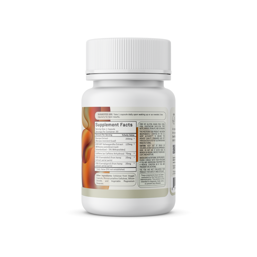 A white bottle of Good Morning Capsules dietary supplements from Medterra with a wide, white cap. The label displays supplement facts and dosage instructions, emphasizing cognitive support benefits. The bottle is slightly turned to reveal both the front and part of the side label.