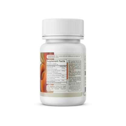 A white bottle of Good Morning Capsules dietary supplements from Medterra with a wide, white cap. The label displays supplement facts and dosage instructions, emphasizing cognitive support benefits. The bottle is slightly turned to reveal both the front and part of the side label.
