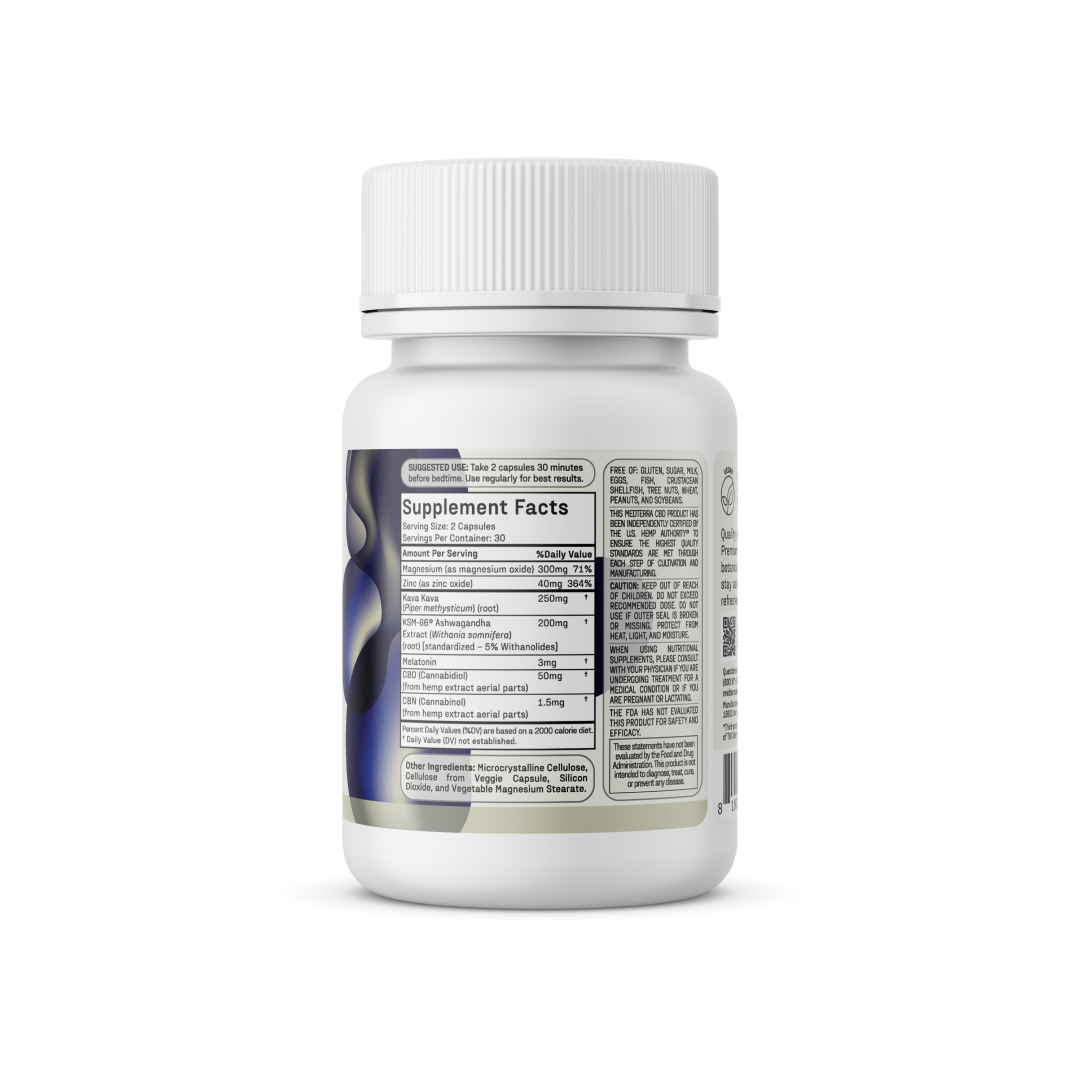 A white supplement bottle with a white cap features its "Supplement Facts" label on the back, listing ingredients such as melatonin and magnesium alongside various nutritional details. The bottle design incorporates abstract blue and white patterns on the sides, reflecting its natural sleep solution formula. This product is known as Good Night Capsules by Medterra.