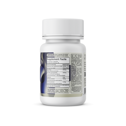 A white supplement bottle with a white cap features its "Supplement Facts" label on the back, listing ingredients such as melatonin and magnesium alongside various nutritional details. The bottle design incorporates abstract blue and white patterns on the sides, reflecting its natural sleep solution formula. This product is known as Good Night Capsules by Medterra.