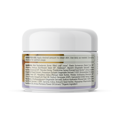 A white jar of Medterra's Manuka Care Cream is labeled with suggested use and a list of ingredients, including luxurious aloe barbadensis leaf juice and moisturizing elaesis guineensis palm fruit oil. The suggested use advises applying a desired amount of this skincare cream to clean skin daily and consulting a physician as needed.