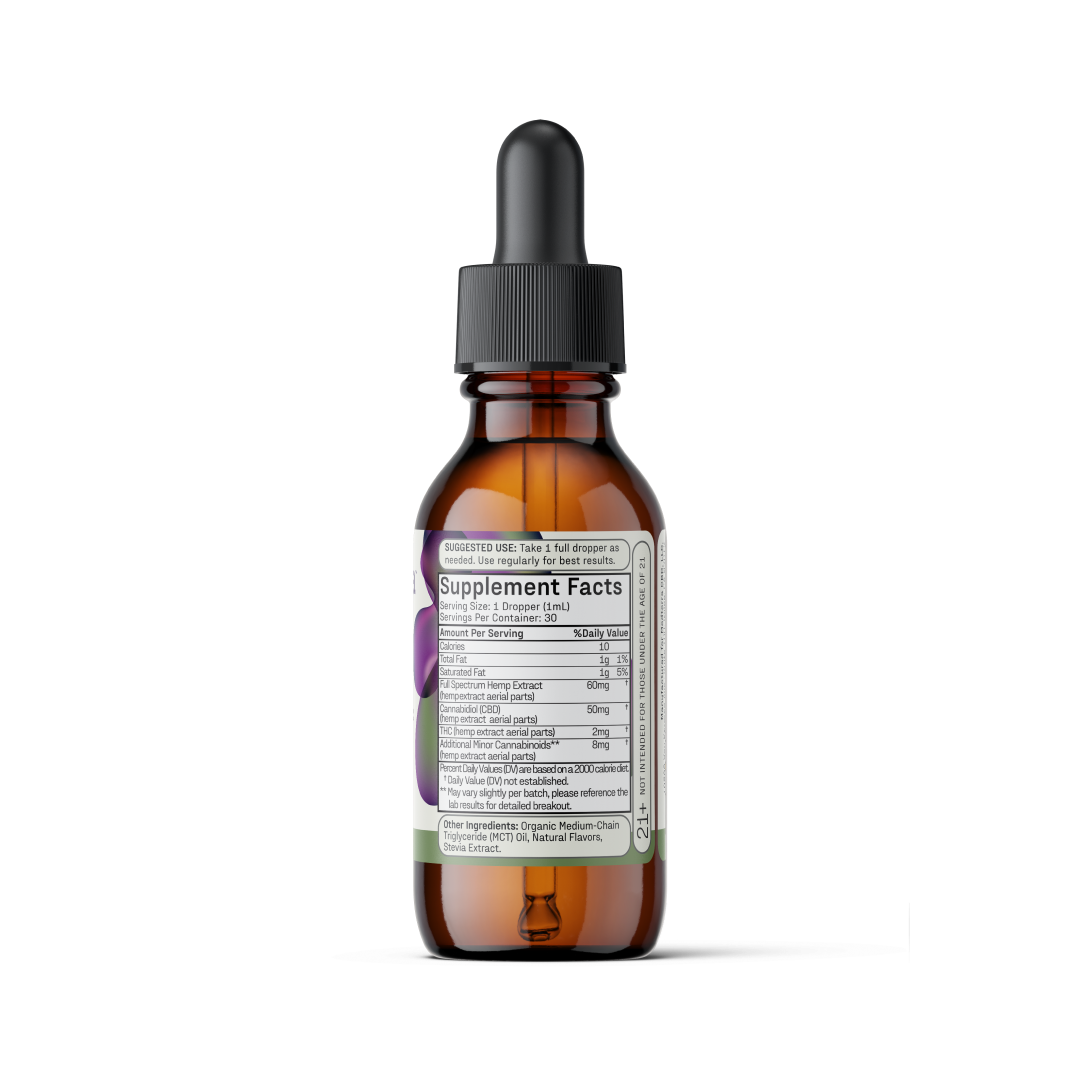 A brown glass bottle with a black dropper cap, containing Max Relief Full Spectrum CBD Oil by Medterra. The label displays supplement facts, ingredients, and dosage instructions in black text on a white background. The bottle is set against a plain white backdrop.