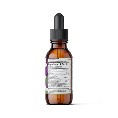 A brown glass bottle with a black dropper cap, containing Max Relief Full Spectrum CBD Oil by Medterra. The label displays supplement facts, ingredients, and dosage instructions in black text on a white background. The bottle is set against a plain white backdrop.