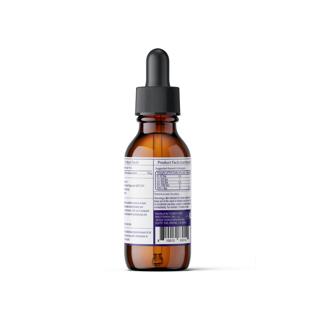 The Pet CBD Drops from Medterra come in a brown glass dropper bottle with a black cap and dropper. The label features product facts and ingredients in black and white text. On the back of the bottle, detailed information about the contents, usage instructions, and organic ingredients used is clearly visible.