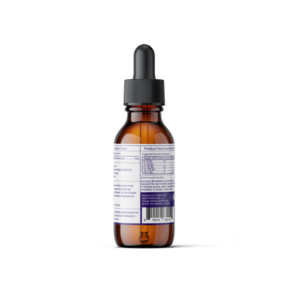The Pet CBD Drops from Medterra come in a brown glass dropper bottle with a black cap and dropper. The label features product facts and ingredients in black and white text. On the back of the bottle, detailed information about the contents, usage instructions, and organic ingredients used is clearly visible.