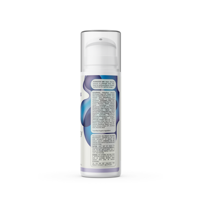 A cylindrical product bottle with a white pump top, displaying a list of ingredients on the back label. The label design features abstract blue and purple shapes, housing Medterra's Rapid Recovery CBD Cream for joint and muscle support, which is THC-free.
