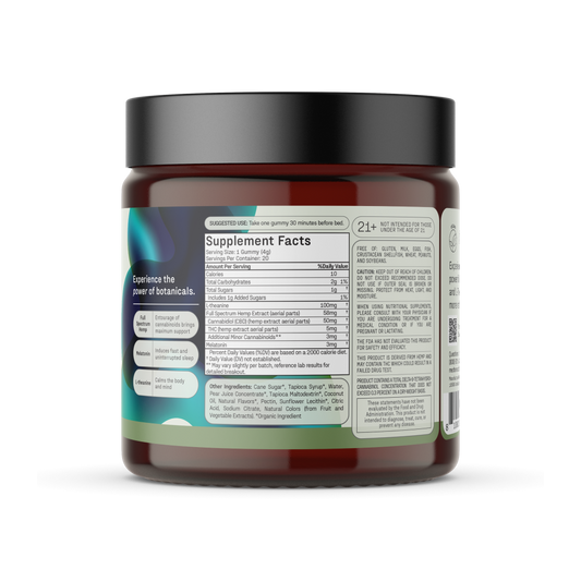 A jar of Medterra Sound Asleep CBD Gummies, labeled as high potency with 50mg CBD and 5mg THC per serving. The blackberry-flavored melatonin supplement contains L-theanine. Three THC gummies are placed beside the jar. The label also highlights "Full Spectrum" and "20 gummies.