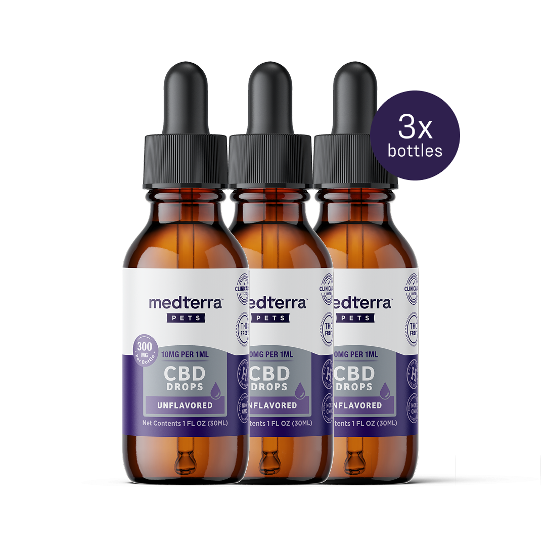 Three brown glass bottles with droppers labeled "Medterra Pet CBD Drops" are neatly arranged in a row. The white and purple label highlights their unflavored nature, with a purple circle reading "3x bottles." These drops feature CBD Isolate for supporting your pet's joint health.