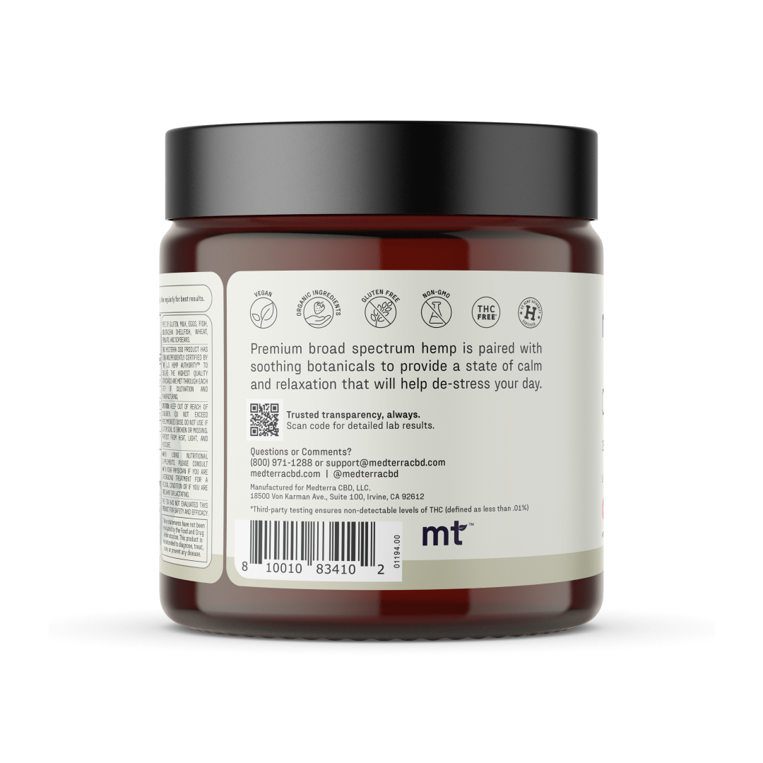 A dark red jar with a black lid and a white label displaying product information, branded as Calm Gummies by Medterra. Text on the label reads, "Premium broad-spectrum CBD is paired with soothing botanicals to provide a state of calm and relaxation that will help de-stress your day." Various icons are printed below.