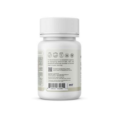 A white bottle with a ribbed cap containing Good Morning Capsules by Medterra, a natural supplement for cognitive support. The back label lists ingredients and usage details. The barcode and product information are visible. Icons indicating key features such as a natural blend and focus support are shown above the text.