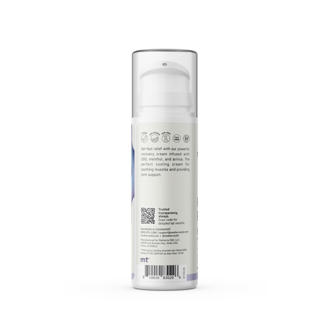 A white pump bottle with a clear cap, viewed from the back. The label features product usage instructions, a QR code, and various text in black font. Designed to dispense cream or lotion, this Rapid Recovery CBD Cream by Medterra offers joint and muscle support and is THC-free.
