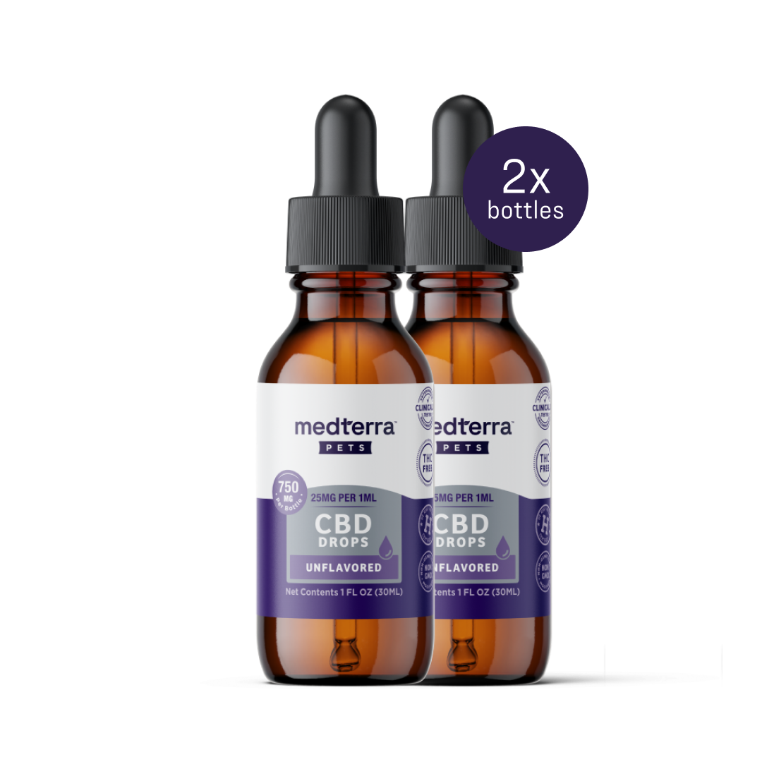 Two Medterra Pet CBD Drops, each a brown dropper bottle labeled as 25mg per ml and totaling 750mg, support joint health. They are unflavored, and a purple circle highlights "2x bottles.